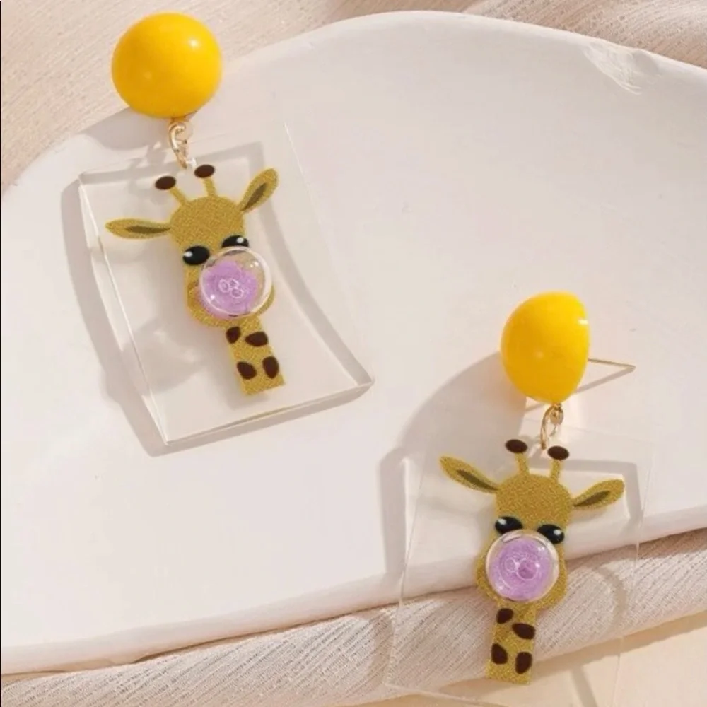 Cartoon Giraffe Blow 3D Bubble Pucker Kiss Pacifier Animal Lover Acrylic Earring